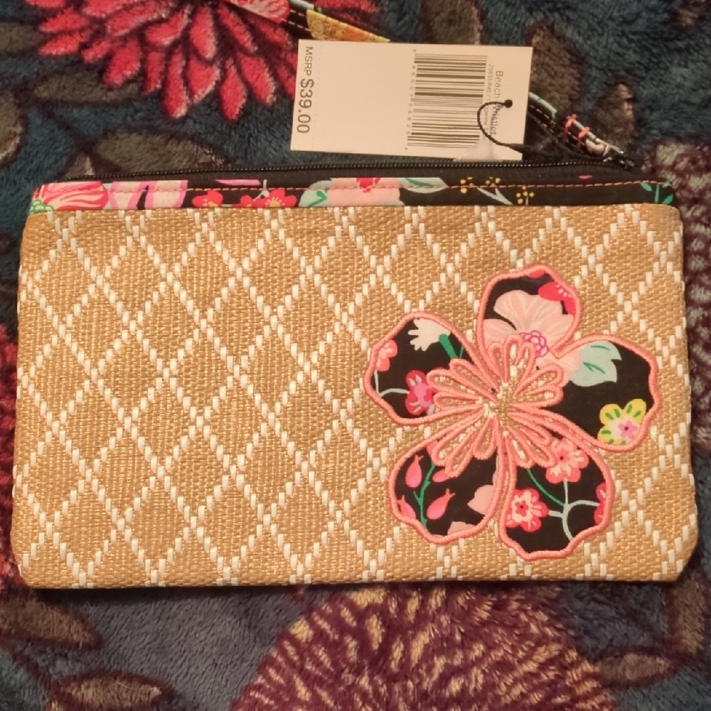 Vera Bradley Tangerine Twist Beach Wristlet Floral Embroidered Tan Clutch